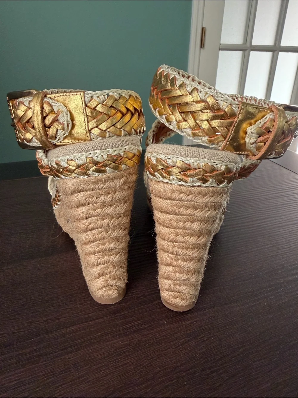Tory Burch Metallic Gold Braided Espadrille Wedge Sandals Euro 38, US 8